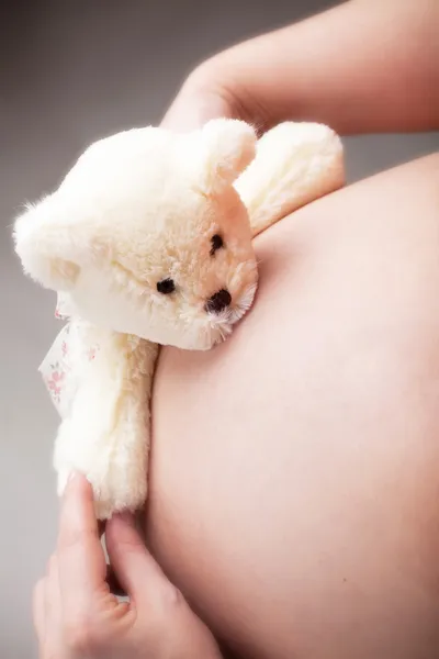 Плюшевый медведь объятия беременный живот — стоковое фото